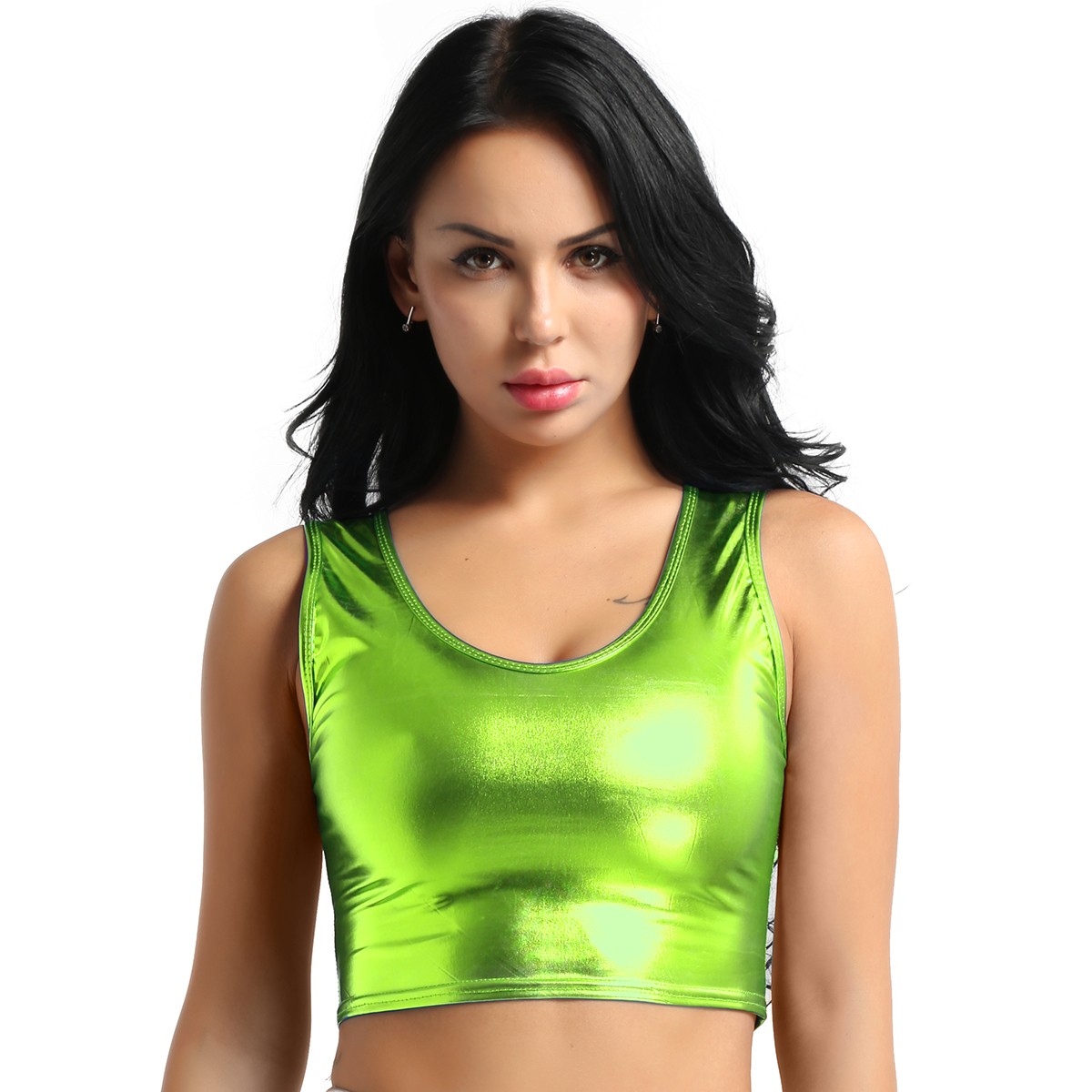 Women's Shiny Metallic Crop Top Blouse Shirt