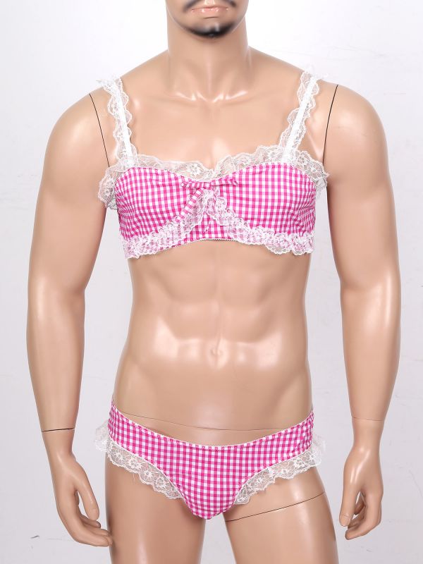 Mens Sissy Plaid Lace Trim Lingerie Suit Sleepwear