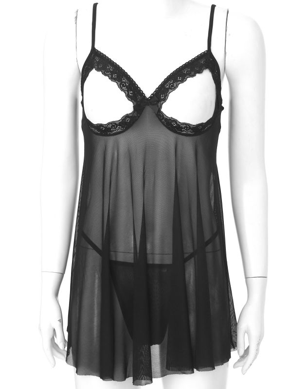 Womens Sheer Mesh Sexy Lingerie Set Plus Size Lace Trim Open Cup Babydolls Dress With G String