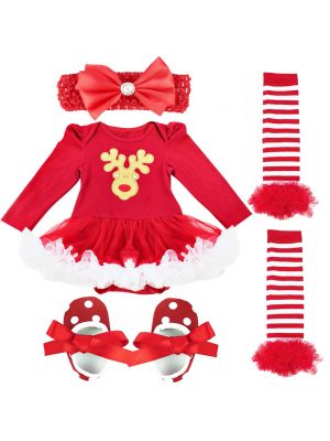 iEFiEL Baby Girls Christmas Tutu Romper With Headband Leg Warmer Shoes Outfits