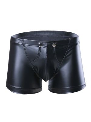 iEFiEL Black Men Faux Leather Pants Shorts Underwear Press Button with Bulge Pouch