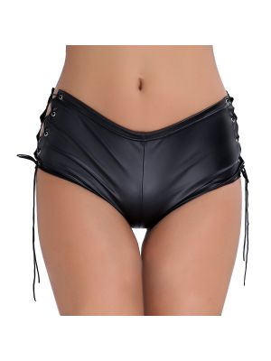 iEFiEL Black Women Patent Leather Pants Lace Up Performance Booty Shorts Clubwear for Party Dance Club