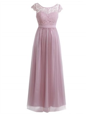 iEFiEL Dusty Rose Women Ladies Cap Sleeve Lace Tulle Bridesmaid Dress Long Evening Prom Gown