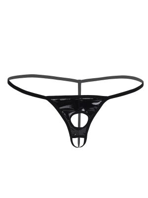 iEFiEL Black Men Lingerie Patent Leather Pants G-string Bikini Underwear Underpants with Penis Holes