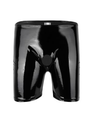 iEFiEL Men Shiny Patent Leather Pants Open Penis Hole Long Boxer Short Panties