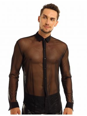 iEFiEL Men See Through Mesh Shirt Soft Long Sleeve Tops Clubwear