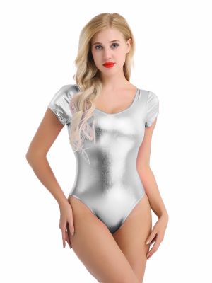 Women Short Sleeve Scoop Neck Patent Leather Ballet Dance Leotard