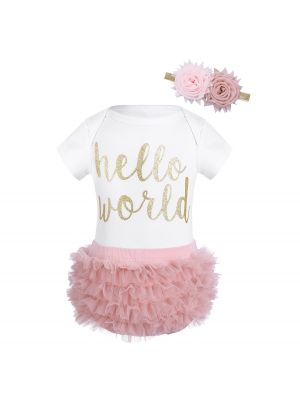 iEFiEL Infant Baby Girls Hello World Outfit Short Sleeves Romper with Bloomers Headband Set