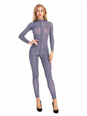 iEFiEL Women Gray Long Sleeves Double Zipper Sheer Smooth Open Crotch Bodysuit Jumpsuit