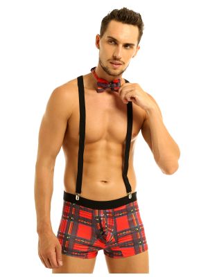 iEFiEL Men Plaid Bulge Pouch Boxer Briefs Underwear with Elastic Clip Suspenders and Bowtie Set
