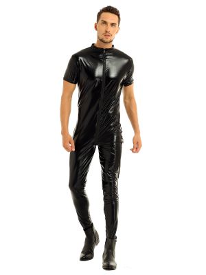 iEFiEL Men Stretchy Faux Leather Zipper Crotch Leotard Bodysuit Clubwear