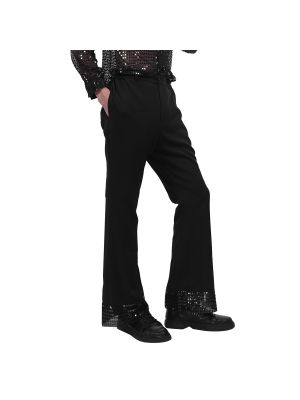 iEFiEL Black Adult Men Disco Pants with Sequin Cuff Bell Bottom Flared Long Pants