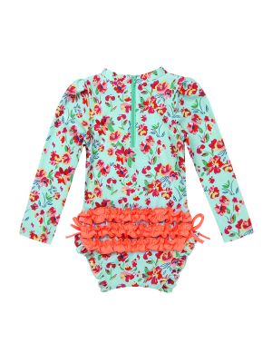 iEFiEL Light Green Infant Baby Girls One-piece Long Sleeves Floral Printed Back Zipper with Ruffled Swimsuit Swimwear Bathing Suit Rash Guard 
