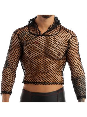 iEFiEL Men Hoodie Fishnet T-shirt Tops Mesh See Through Casual Tops Club Wear