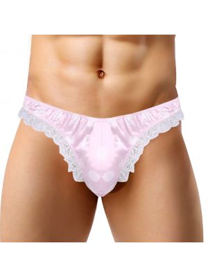 Men Sissy Satin Low Rise Ruffle Lace Polka Dots Bikini G-string