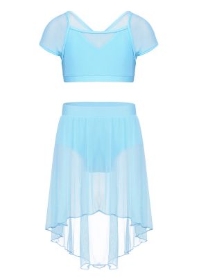 iEFiEL Girls Splice Cap Sleeves Ballet Dance Outfit Crop Top with Mesh Skirt Dancewear