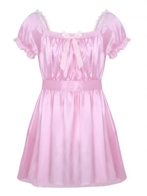 Men Sissy Soft Satin Crossdress Lingerie Dress Underwear with Sash Sleepwear