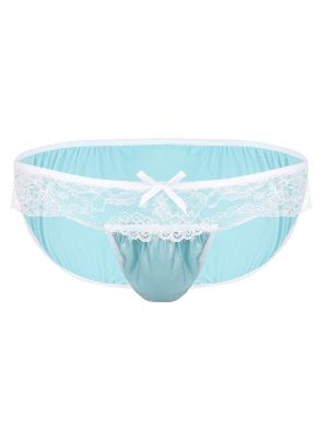 iEFiEL Blue Men Sissy Soft Shiny Bikini Briefs Floral Lace Low Rise Stretchy Underwear Panties