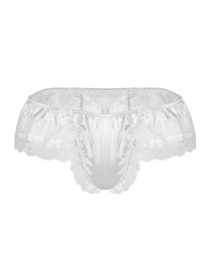 iEFiEL White Men Sissy Shiny Soft Satin Lingerie Double Layers Floral Lace Back with Big Bowknot Low Rise Bikini Thong Underwear