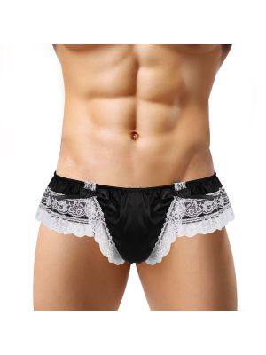Men Sissy Satin Floral Lace Bowknot Low Rise Briefs Thong Underwear