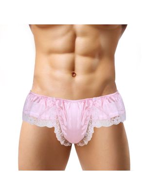 Men Sissy Satin Floral Lace Bowknot Low Rise Briefs Thong Underwear