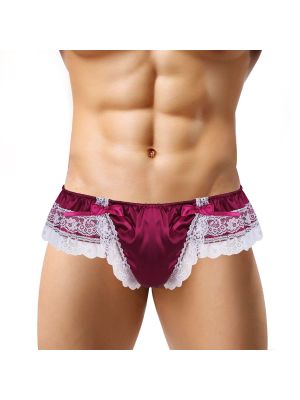 Men Sissy Satin Floral Lace Bowknot Low Rise Briefs Thong Underwear