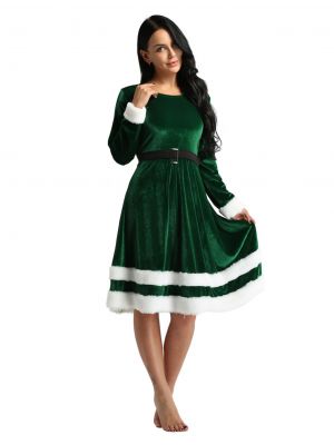 iEFiEL Women Ladies Velvet Long Sleeves Mrs Santa Claus Costume Adults Christmas Fancy Dress Outfit