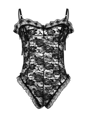 iEFiEL Sexy Men Sissy Sheer Mesh Lingerie Floral Lace Bodysuit Thong Leotard Nightwear
