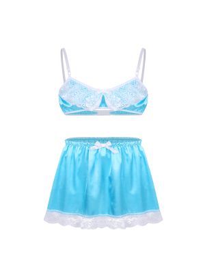 iEFiEL Blue Adult Men Sissy Shiny Satin Sleepwear Bra Top Skirt Crossdresser Nightwear 2pcs Pajamas Set