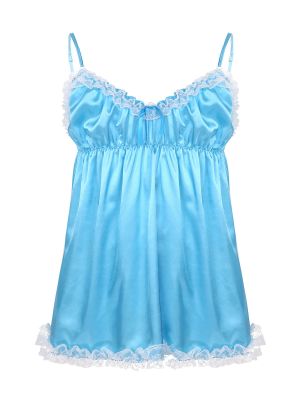 iEFiEL Blue Men Sissy Satin Lace Dress Nightwear Adjustable Spaghetti Shoulder Straps Chemise Babydoll Sleepwear