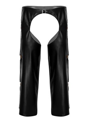 Men Faux Leather Crotchless Chaps with Fringed Buckled Loose Long Pants