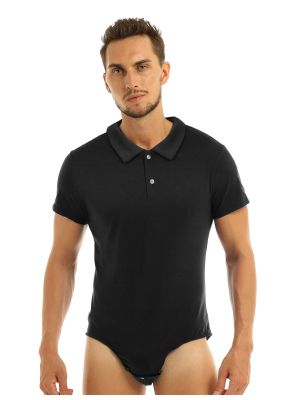 Men Turn-down Collar Button Crotch Shirt Bodysuit