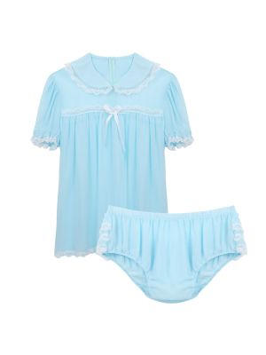 iEFiEL Light Blue Men Sissy Lingerie Set Frilly Ruffled Chiffon Mini Dress Crossdress Babydoll Pajamas