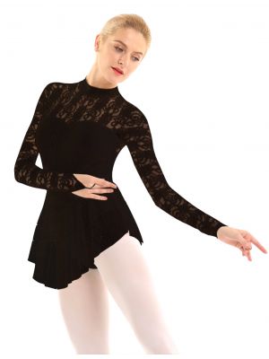 iEFiEL Women Adult Long Sleeve Lace Dance Dress Figure Ice Skating Roller Skating Ballet Dance Leotard Dress