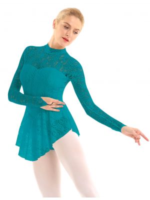 iEFiEL Women Adult Long Sleeve Lace Dance Dress Figure Ice Skating Roller Skating Ballet Dance Leotard Dress