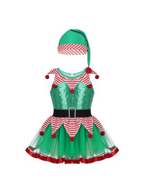 iEFiEL Kids Girls Christmas Fairy Spirit Costume Dancewear Outfit Sleeveless Sequined Striped Peplum Mesh Tutu Leotard Dress with Hat