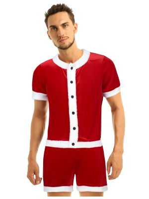 Men Christmas 2pcs Velvet Short Sleeve Button Down Top and Shorts Set