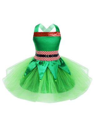 iEFiEL Girls Christmas Cosplay Costume Sequins Criss Cross Back Tops with Mesh Tutu Skirt