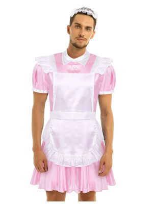 iEFiEL Pink Men Shiny Satin Cosplay Outfits Short Sleeve Sissy Maid Dress with Apron and Headband