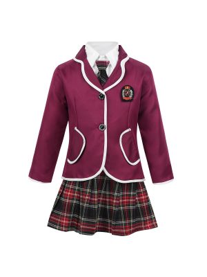 iEFiEL Kids Girls Burgundy British Style School Uniform Anime Costume Suit Long Sleeve Coat with Shirt Tie Mini Skirt Set