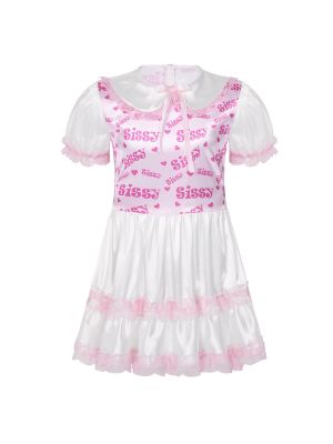 iEFiEL Pink Men Adult Sissy Print Satin Frilly Lingerie Short Sleeve Babydoll Pamajas Nightdress