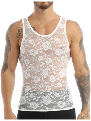 iEFiEL White Men's Sissy See Through Sleeveless T-Shirt Undershirt Stretchy Floral Lace Tank Tops
