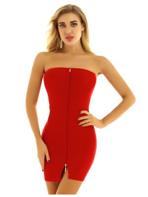 iEFiEL Red Women Lingerie Strapless Tube Dress Erotic Sheer Babydoll Mini Dress Nightwear