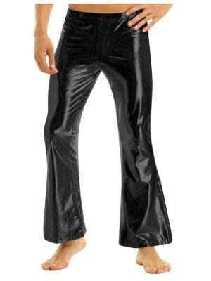 iEFiEL Mens Adult Shiny Faux Leather Disco Pants with Bell Bottom Metallic Flared Long Pants Costume Clubwear 