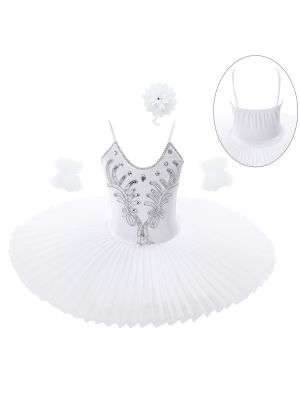 iEFiEL Girls Ballet Leotard Spaghetti Shoulder Straps Rhinestone Sequins Tutu Dress Swan Dance Costume