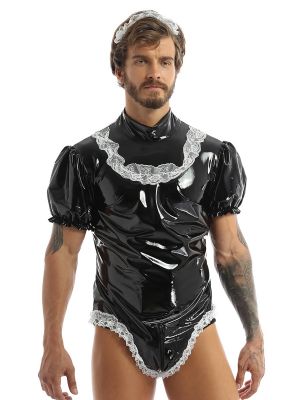 iEFiEL Men Adults Sissy Maid Cosplay Costume Set Wet Look Patent Leather High Neck Short Puff Sleeve Leotard Bodysuit with Elastic Lace Headband