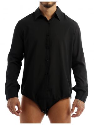 iEFiEL Mens One-piece Solid Color Long Sleeves Bodysuit Turn-down Collar Button Down Casual Shirt Tops
