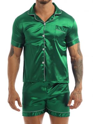 Men 2pcs Satin Short Sleeves Button Down Shirt and Boxer Shorts Pajama Set