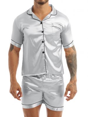 Men 2pcs Satin Short Sleeves Button Down Shirt and Boxer Shorts Pajama Set