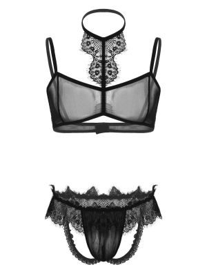 Men Sissy Halter Neck See Through Sheer Mesh Lace Trim Lingerie Set